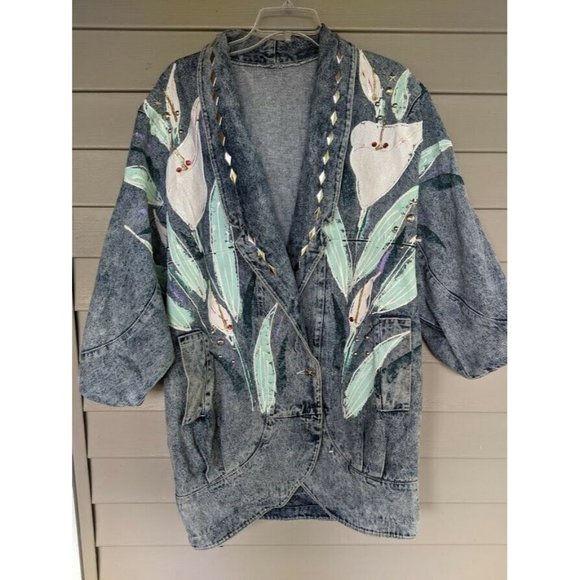 VTG Womens Size XL Rhinestone Beaded Heavy Denim Jacket Shoulder Pads QTR Sleeve - Picture 1 of 4